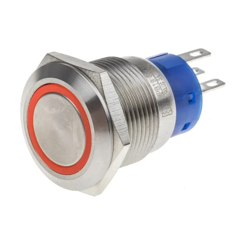 RS PRO Illuminated Push Button Switch Latching Panel Mount 19.2 mm Cutout SPDT Red LED IP67 250 V 5A 111-3766