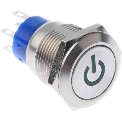 TE Connectivity Illuminated Push Button Switch Latching Panel Mount 19 mm Cutout DPDT Green LED IP67 250 V 5A 111-5807