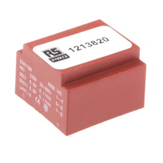 RS PRO 2 x 6 V AC 2 Output PCB Transformer, 0.35 VA, 230 V AC Primary, Independent Secondary, 50-60 Hz, RoHS, CE 121-3820