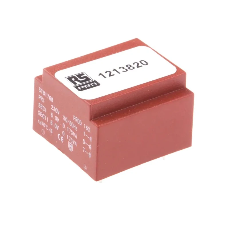 RS PRO 2 x 6 V AC 2 Output PCB Transformer, 0.35 VA, 230 V AC Primary, Independent Secondary, 50-60 Hz, RoHS, CE 121-3820