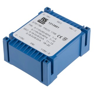 RS PRO 2 x 18 V ac 2 Output PCB Transformer, 230 V ac Primary, 18 VA Power 121-3851