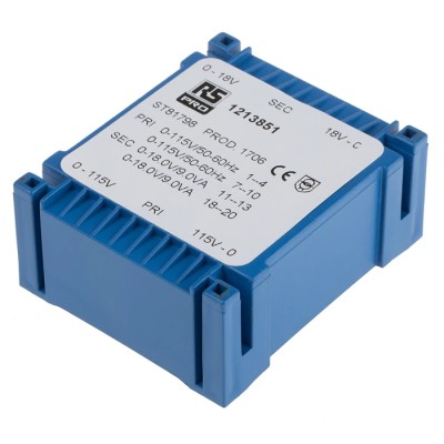 RS PRO 2 x 18 V ac 2 Output PCB Transformer, 230 V ac Primary, 18 VA Power 121-3851