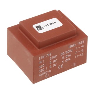 RS PRO 2 x 9 V ac 2 Output PCB Transformer, 10VA, 230 V ac Primary, PCB Mount, Polish Origin 121-3845