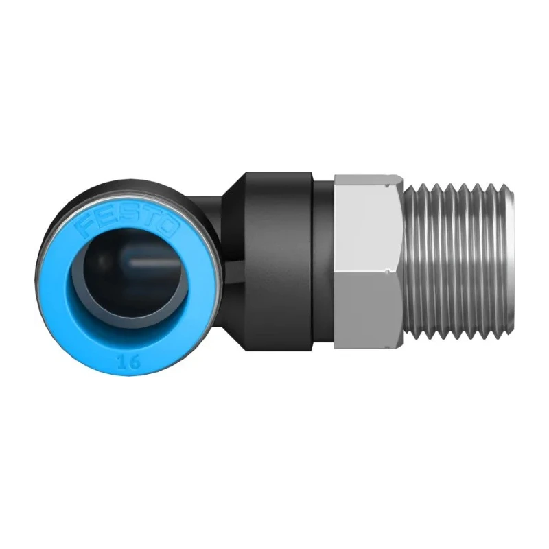 Festo Nickel Plated Brass Pneumatic Fitting Male Threaded-to-Tube R 1/2 in Push-In 16 mm, 90° Angle QSL-1/2-16