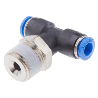 Festo QS Series Push-In T-Shape Pneumatic Fitting Threaded-to-Tube R 3/8, Push-In 6 mm, Max Pressure 14 bar QST-3/8-6