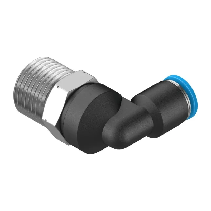 Festo Nickel Plated Brass Pneumatic Fitting Male Threaded-to-Tube Push-In 8mm, R 3/8 in, 90° QSL-3/8-8