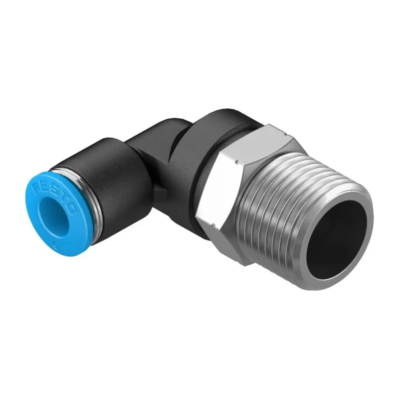 Festo Nickel Plated Brass Pneumatic Fitting Male Threaded-to-Tube Push-In 8mm, R 3/8 in, 90° QSL-3/8-8