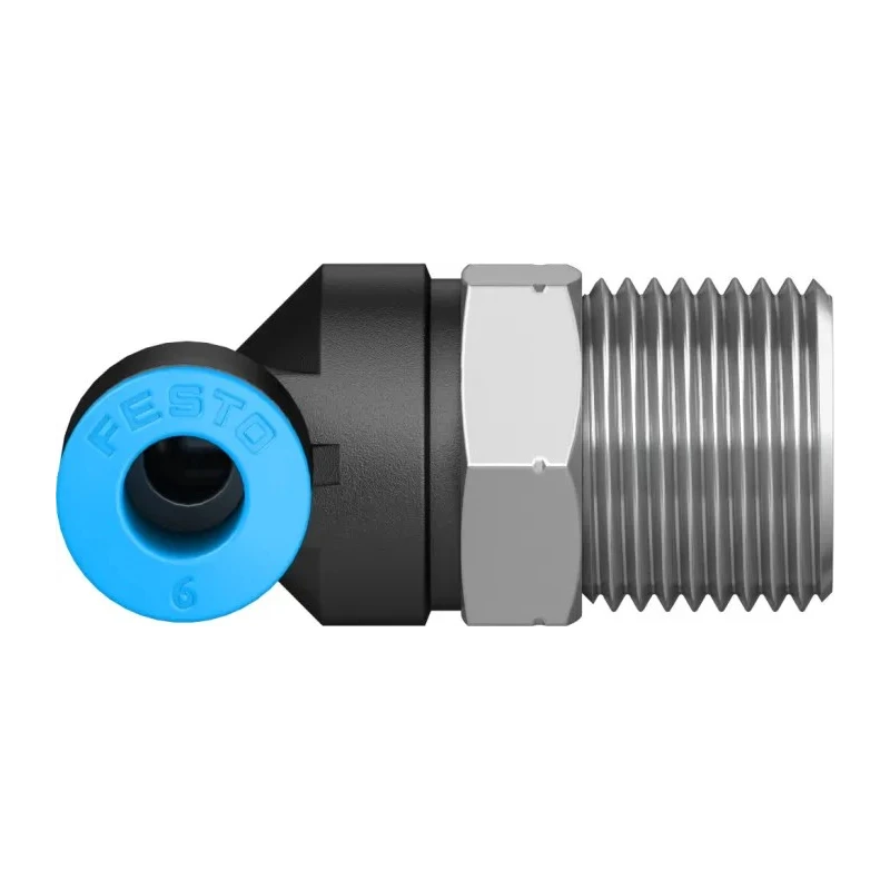 Festo Nickel Plated Brass Pneumatic Fitting Male Threaded-to-Tube Push-In 8mm, R 3/8 in, 90° QSL-3/8-8