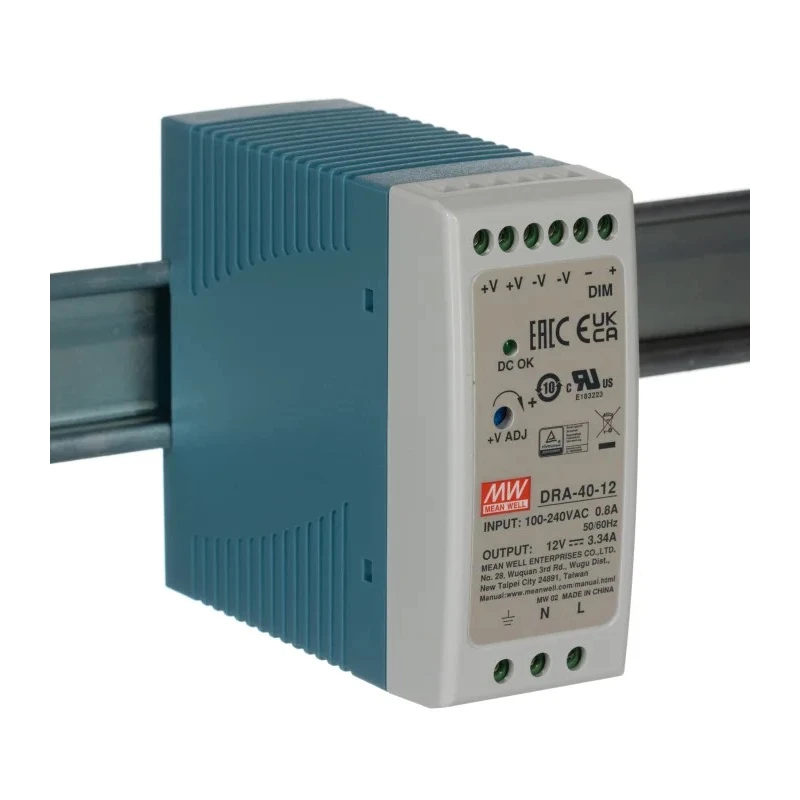 MEAN WELL DRA Switched Mode DIN Rail Power Supply 370V DC, 264V AC Input 15V DC, 3.34A Output, 40W DRA-40-12