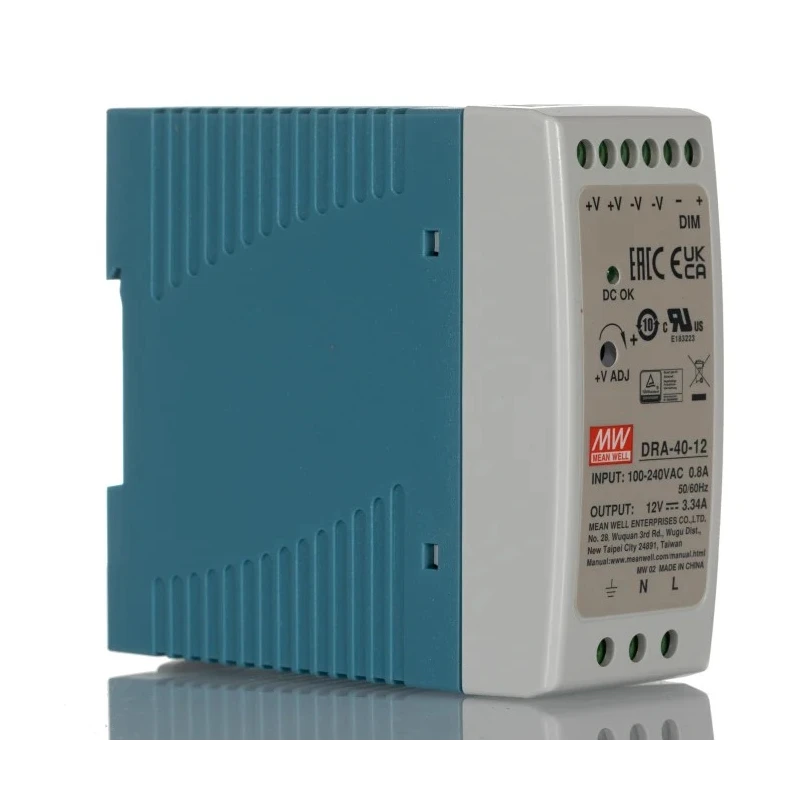 MEAN WELL DRA Switched Mode DIN Rail Power Supply 370V DC, 264V AC Input 15V DC, 3.34A Output, 40W DRA-40-12