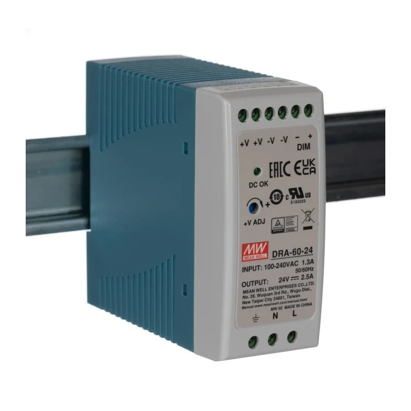 MEAN WELL DRA Switched Mode DIN Rail Power Supply 370 V dc, 264 V ac AC/DC Input 30 V dc, 2.5 A Output DC 60 W DRA-60-24