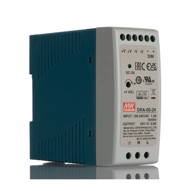 MEAN WELL DRA Switched Mode DIN Rail Power Supply 370 V dc, 264 V ac AC/DC Input 30 V dc, 2.5 A Output DC 60 W DRA-60-24