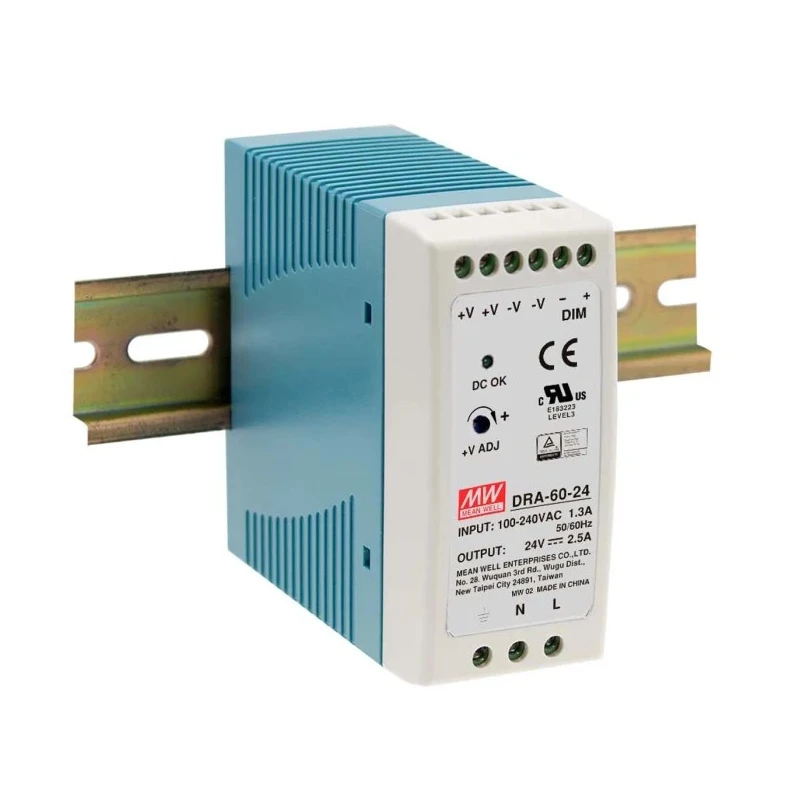 MEAN WELL DRA Switched Mode DIN Rail Power Supply 370 V dc, 264V ac AC/DC Input 15 V dc, 5 A Output 60 W DRA-60-12