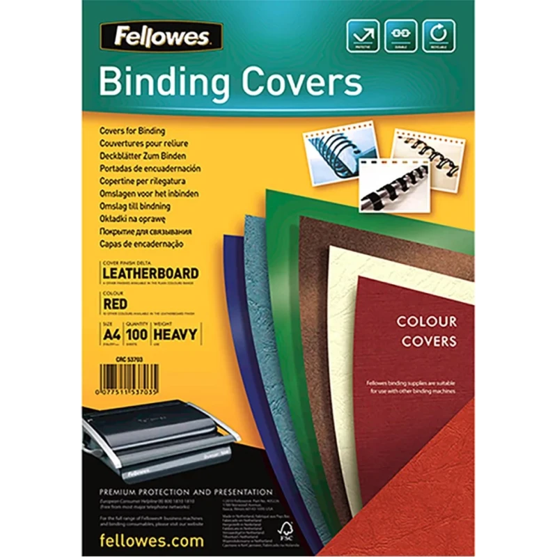 Fellowes Red A4 Binding Cover, FSC Certified Leathergrain, 250gsm Paperboard, Pack of 100 5370305
