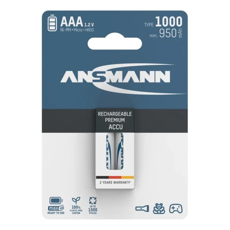 Ansmann Nickel Metal Hydride Rechargeable AAA Battery 1Ah Capacity 1.2V Nominal Voltage 5030892