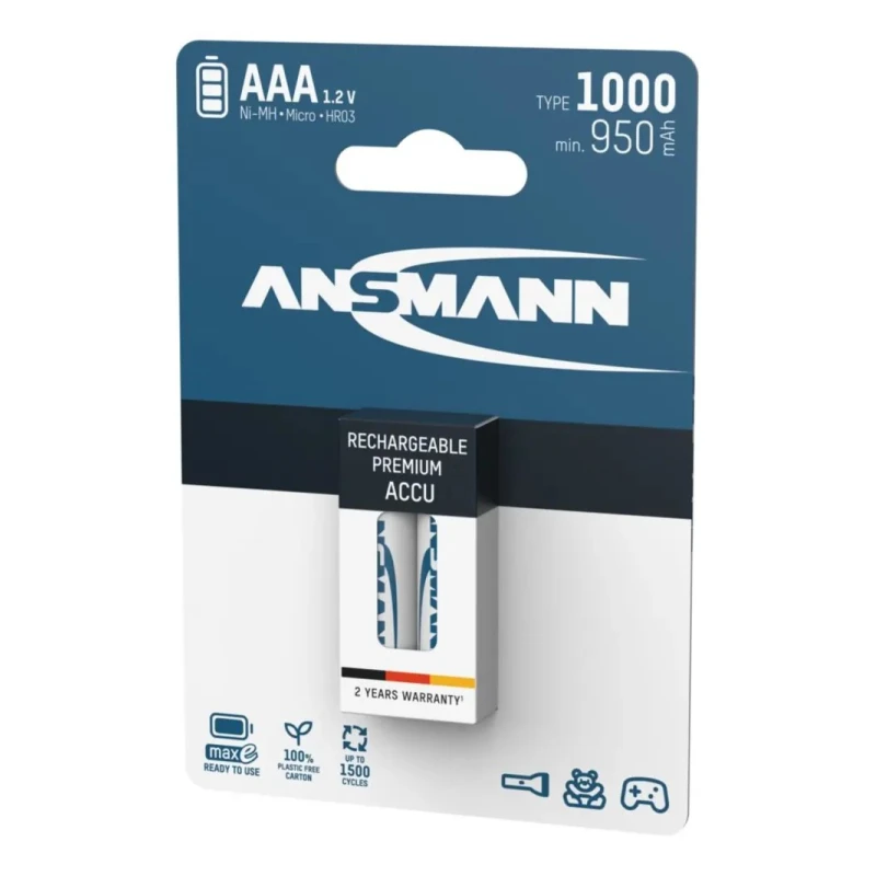 Ansmann Nickel Metal Hydride Rechargeable AAA Battery 1Ah Capacity 1.2V Nominal Voltage 5030892