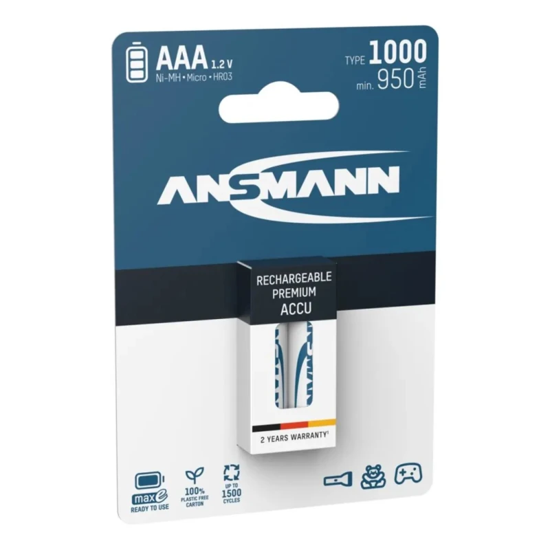 Ansmann Nickel Metal Hydride Rechargeable AAA Battery 1Ah Capacity 1.2V Nominal Voltage 5030892