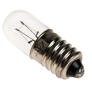 RS PRO Filament Indicator Light Clear Lens E10 Base 24V 50mA 10mm Diameter 28mm Length 5000h Lifespan 104-828