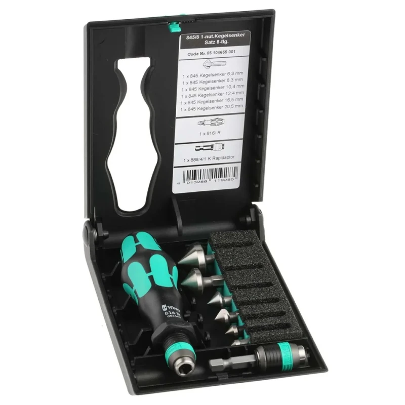 Wera HSS Countersink Drill Bit Set, 90° Angle, 8 Pieces, HEX Shaft, Rapidaptor Quick-Release 05104655001