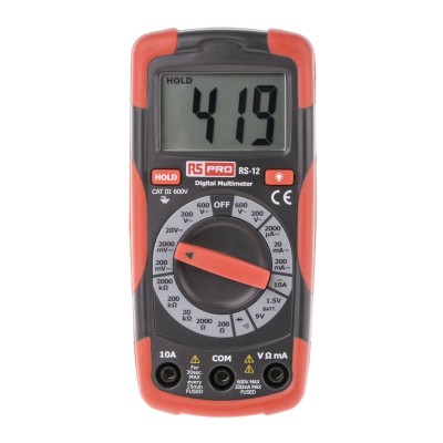 RS PRO Handheld Multimeter 10 A DC, 600 V AC LCD Display CAT II, CAT III Safety RS12