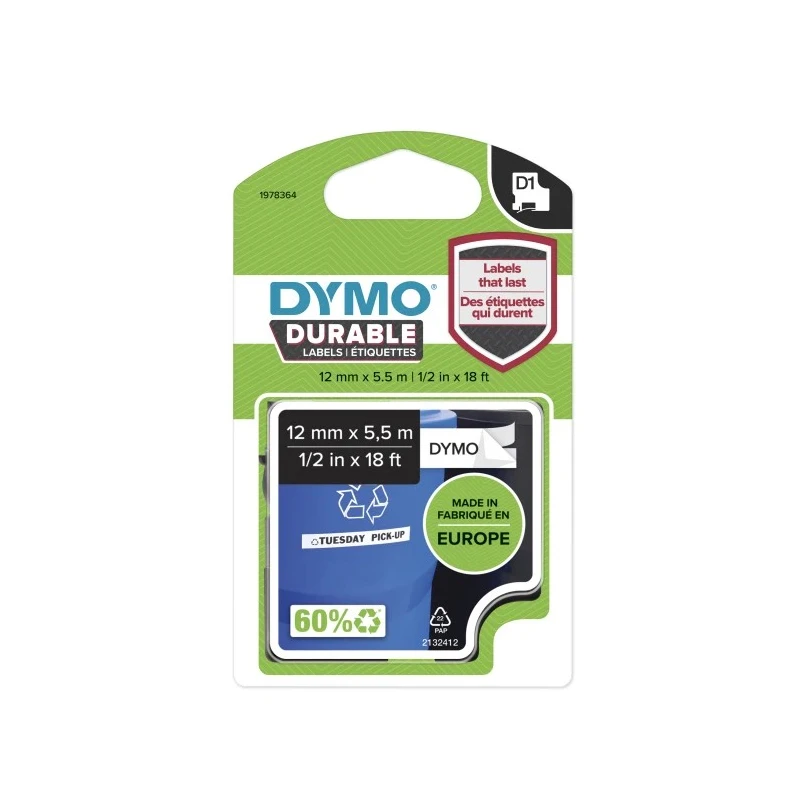 Dymo Black on White Label Printer Tape 12 mm Width, 5.5 m Length 1978364