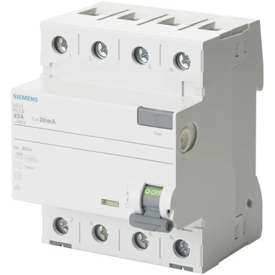 Siemens 5SV3 Series Residual Current Circuit Breaker, 40A, 4-Pole, 30 mA, Type A, 0.8 kA Breaking Capacity, 400V AC 5SV3344-6