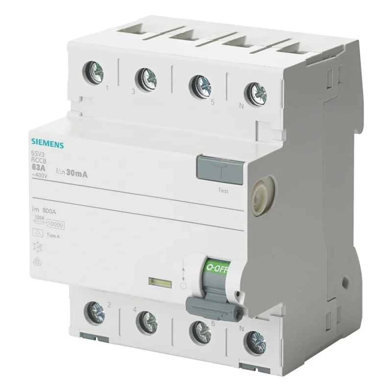 Siemens 5SV3 Series Residual Current Circuit Breaker, 40A, 4-Pole, 30 mA, Type A, 0.8 kA Breaking Capacity, 400V AC 5SV3344-6