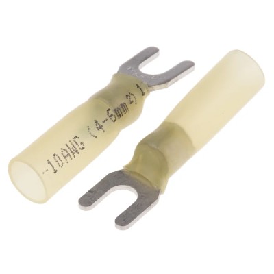 RS PRO Insulated Fork Terminal 12 AWG to 10 AWG High Density Polyethylene Yellow M4.3 Stud Size 33.5mm Length 125-1973