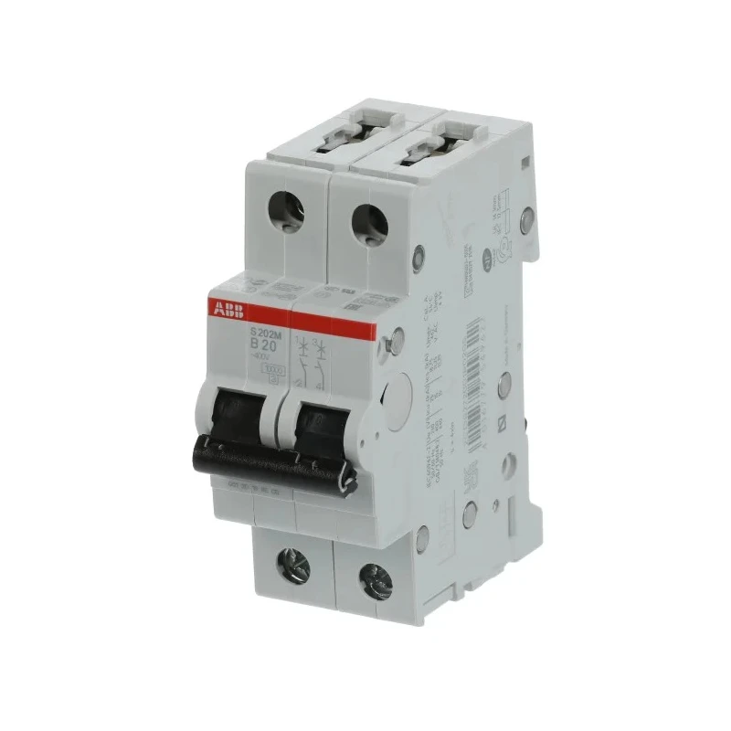 ABB System Pro M Compact S200M Miniature Circuit Breaker 2-Pole 20A Type B 440V AC 125V DC 10 kA 2CDS272001R0205 S202M-B20