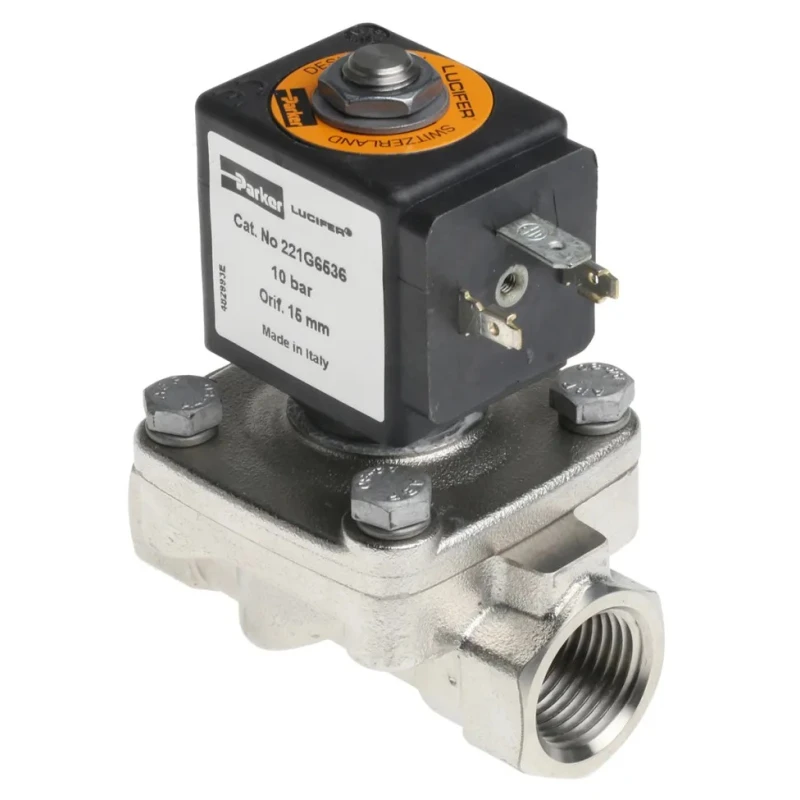 Parker Stainless Steel 2 Port NC Solenoid Valve 24V DC 1/2 in G Orifice 15mm Maximum Pressure 10 bar 221G6536-2995-481865C2