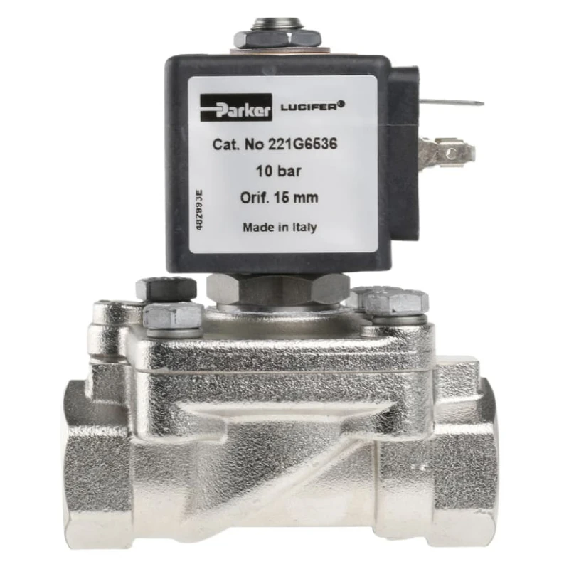 Parker Stainless Steel 2 Port NC Solenoid Valve 24V DC 1/2 in G Orifice 15mm Maximum Pressure 10 bar 221G6536-2995-481865C2