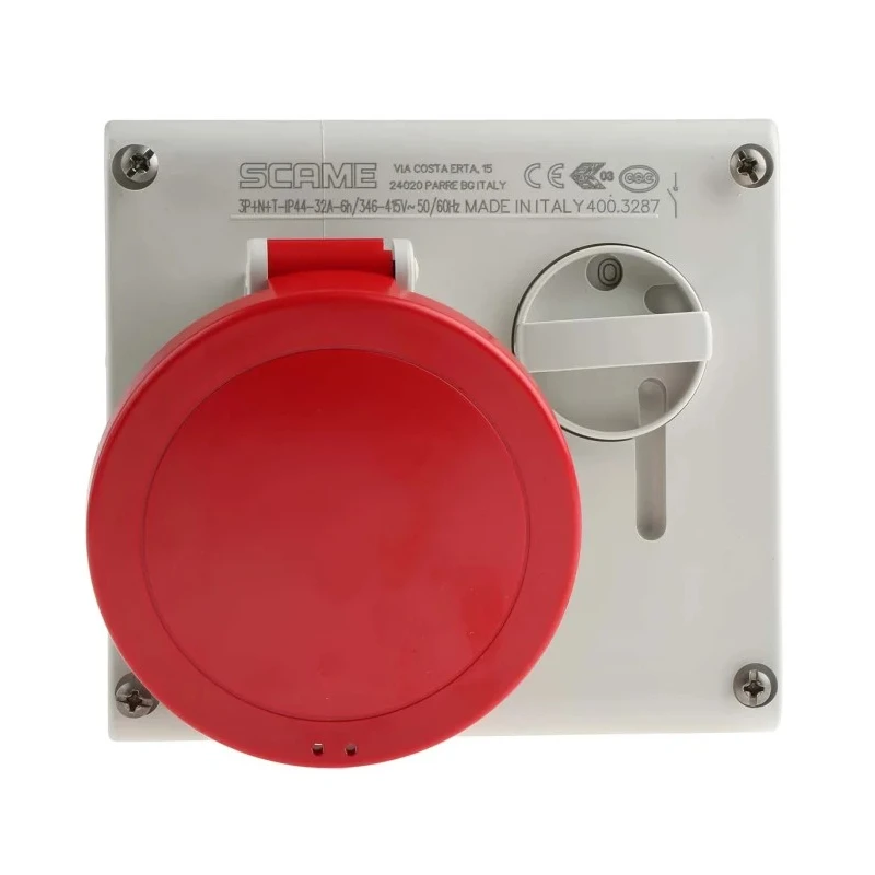 Scame Switchable Industrial Interlock Socket 3+N+E 32A 400V IP44 Red Thermoplastic Rubber 136x132x125mm IP44