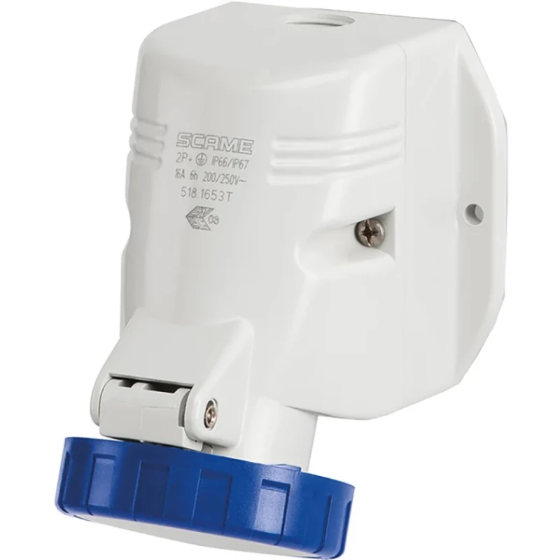 Scame Wall Mount Industrial Power Connector 230V 63A IP44 Blue Angled Socket 2P+PE OPTIMA-TOP IP44