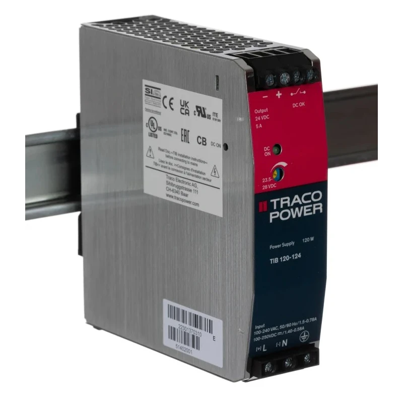 TRACOPOWER Switched Mode DIN Rail Power Supply 24V DC, 5A Output, 120W, AC Input 85-264V, IP20 TIB 120-124