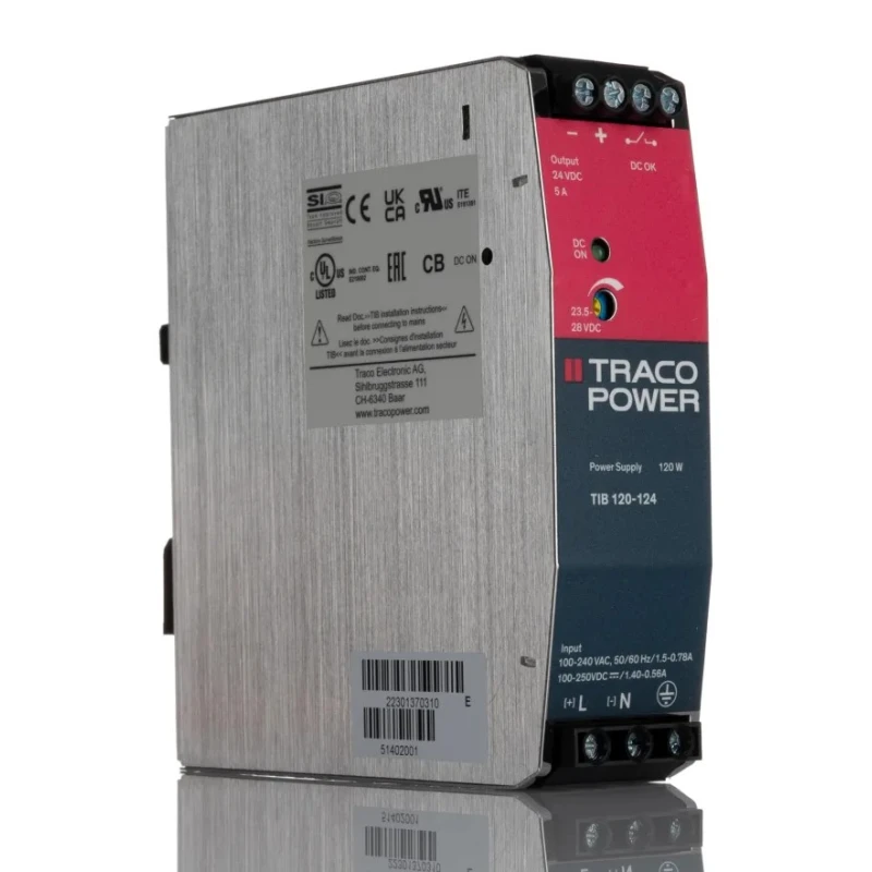 TRACOPOWER Switched Mode DIN Rail Power Supply 24V DC, 5A Output, 120W, AC Input 85-264V, IP20 TIB 120-124