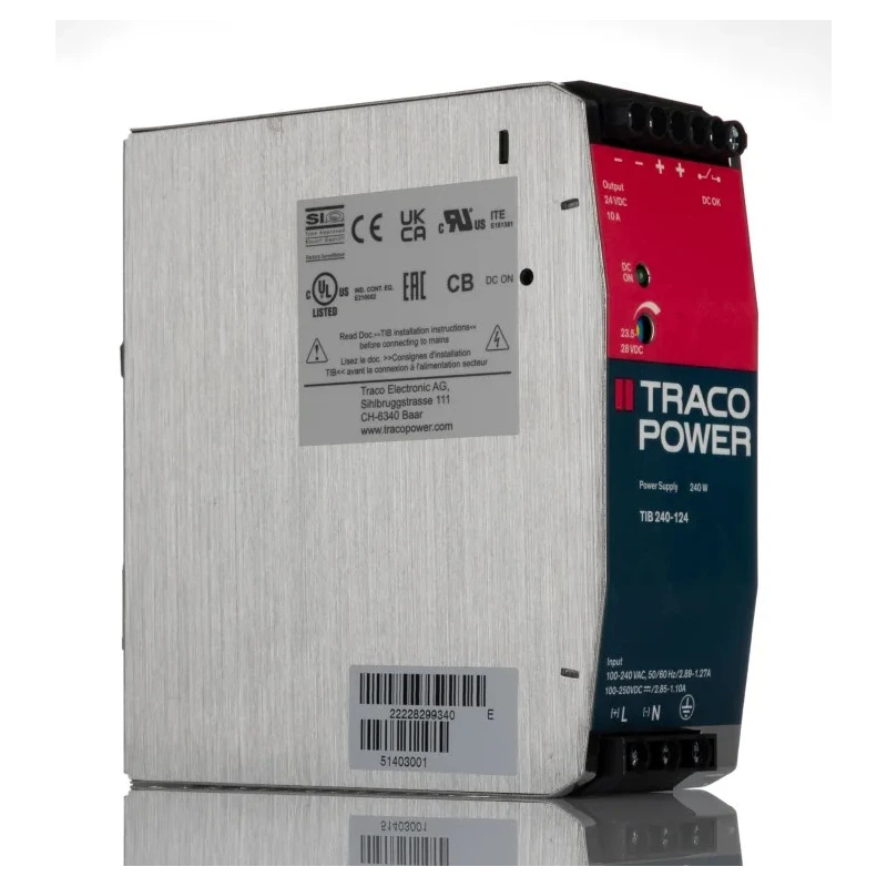 TRACOPOWER TIB Switched Mode DIN Rail Power Supply 264V AC Input 24V DC, 10A Output, 240W TIB 240-124