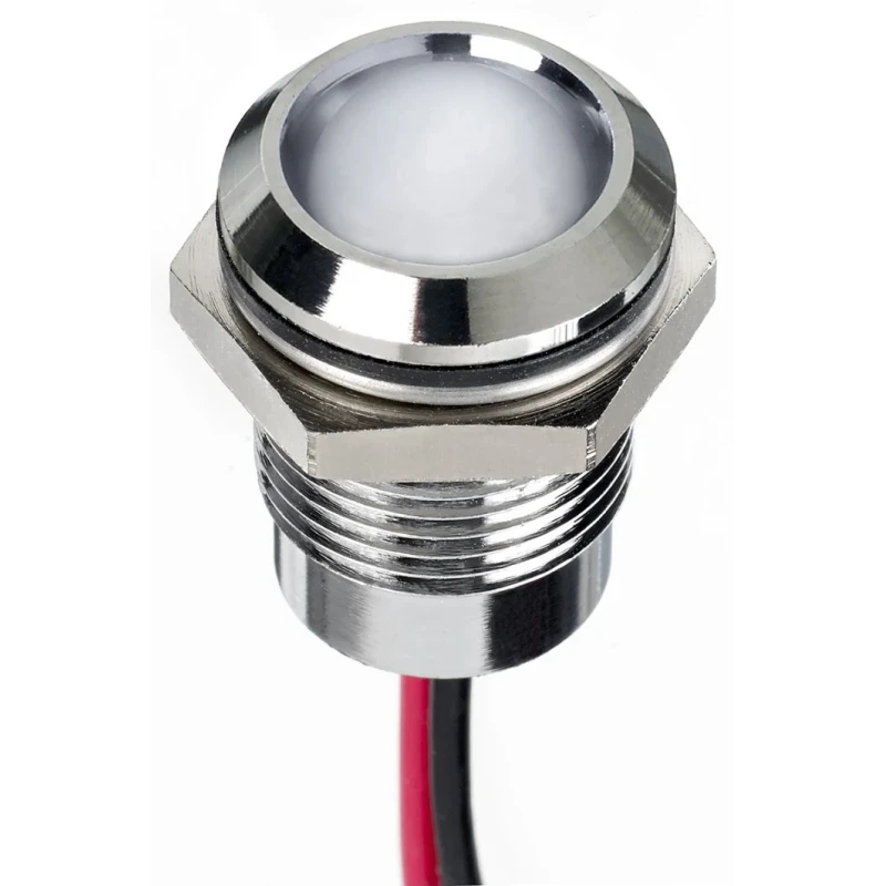 RS PRO White Panel Mount Indicator, 1.8V dc, 3.3V dc, 20mA, Lead Wire Termination, IP67, Prominent Bezel, Silver 130-1078