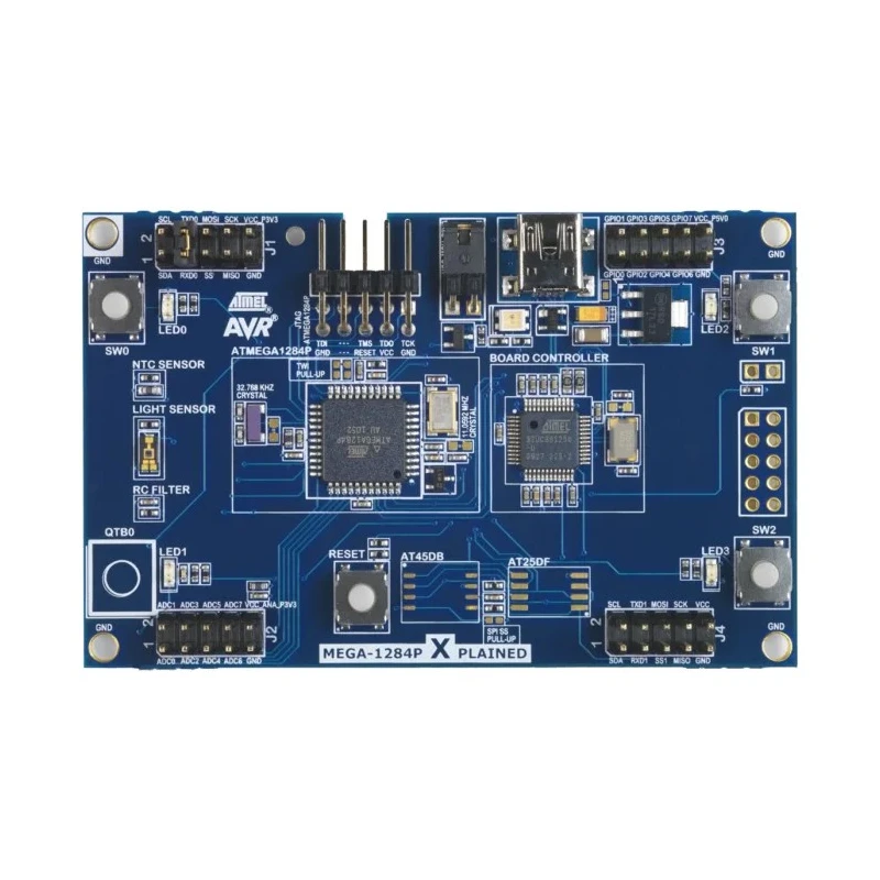 Microchip Xplained MCU Development Board ATMEGA1284P-XPLD Evaluation Kit with AVR MCU, QTouch Button, 4 LEDs, 3 Pushbuttons