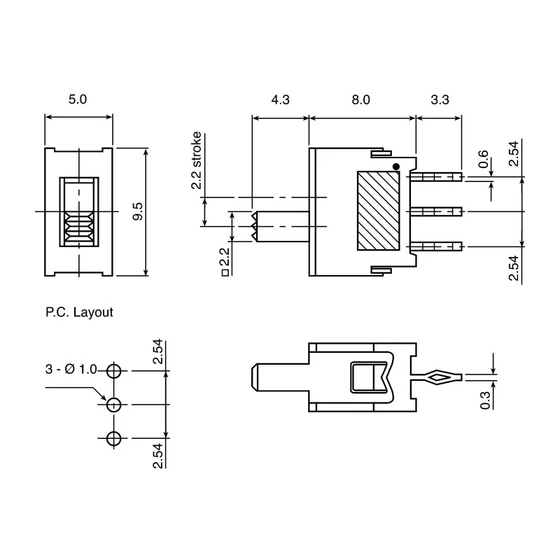 KNITTER-SWITCH PCB Slide Switch SPDT Latching 50mA Gold over Nickel Plated Phosphor Bronze ASL 1D