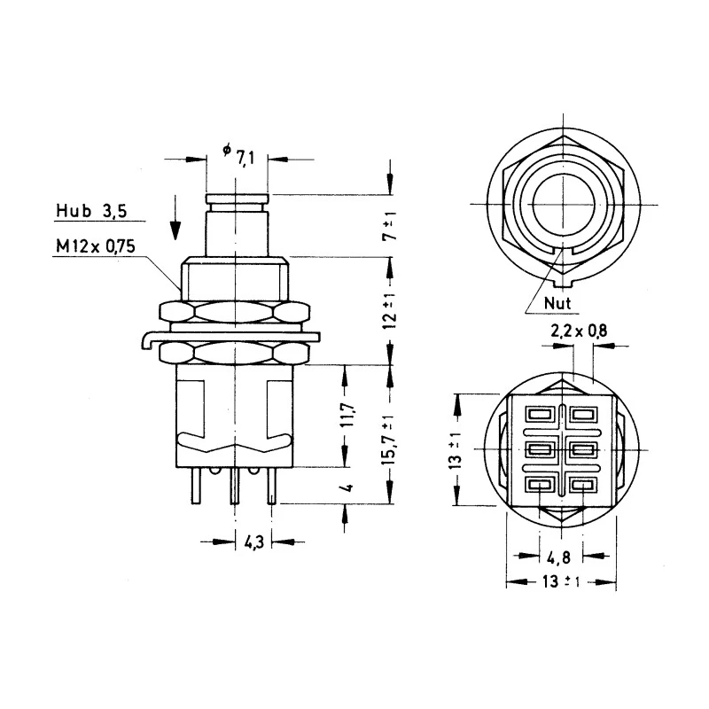 KNITTER-SWITCH Push Button Switch, Momentary, Panel Mount, 12.5 mm Cutout, Silver Actuator, DPDT, IP67, 250 V AC MPG 206 R