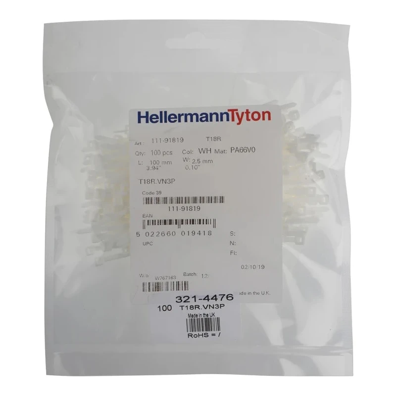 HellermannTyton Non-Releasable Cable Tie, 100 mm Length x 2.5 mm Width, White Polyamide 66, 80N 111-91819 T18R-PA66V0-WH