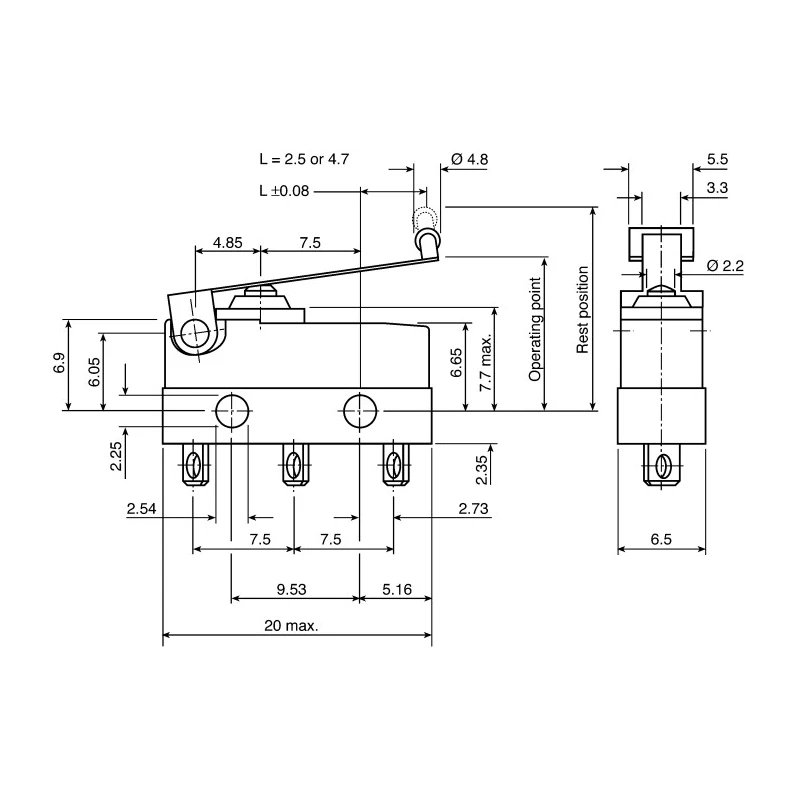ZF Roller Lever Micro Switch, Solder Terminal, 6A Contact Current, 250 V AC, SPDT, IP6K7 DC1C-A1RC