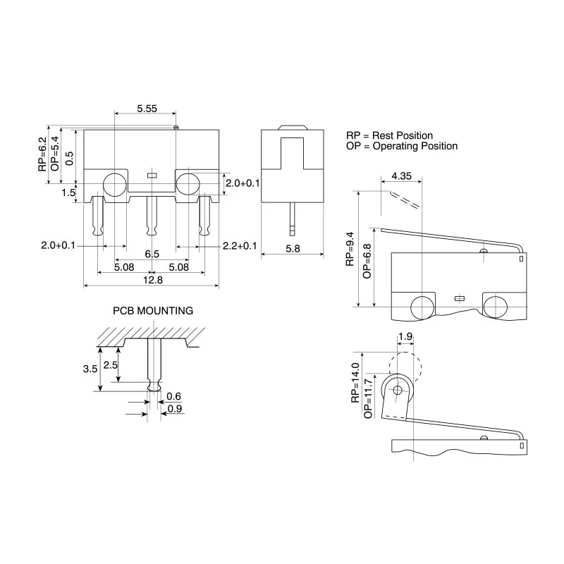 ZF Hinge Lever Micro Switch PCB Terminal 50mA 125V AC 30V DC SPDT IP40 DG23-B1LA