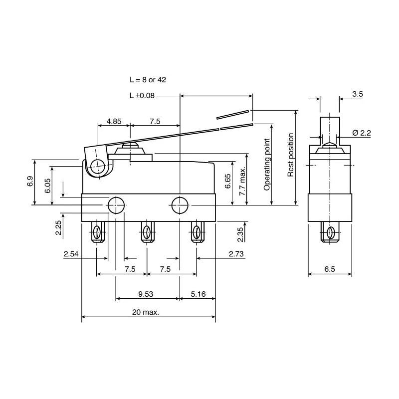 ZF Hinge Lever Micro Switch Solder Terminal 100mA 250 V ac SPDT IP6K7 DC3C-A1LC