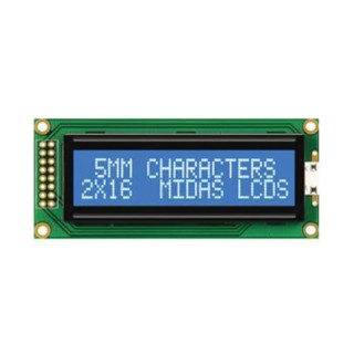 Midas LCD Monochrome Alphanumeric LED Backlit Display 2 x 16 Characters Blue on White MC21605B6WD-BNMLW-V2