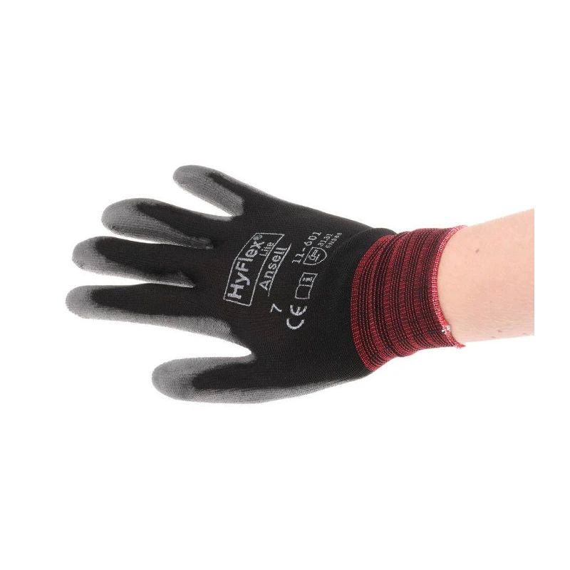 Ansell HyFlex 11-601 Black Nylon Work Gloves Size 7 Polyurethane Coating 11601070