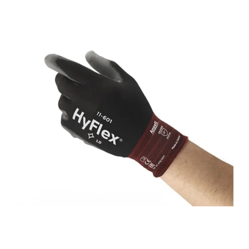 Ansell HyFlex 11-601 Black Nylon Work Gloves Size 7 Polyurethane Coating 11601070
