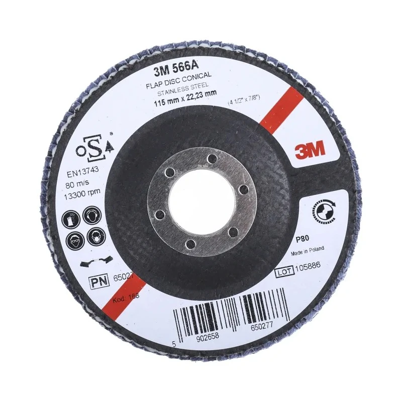 3M 566A Zirconia Aluminium Flap Disc 115 mm Medium Grade P80 Grit Quick Change 13000rpm 3M556D B61786