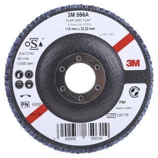 3M 566A Zirconia Aluminium Flap Disc, 115 mm Diameter, Medium Grade, P80 Grit, Maximum 13000 rpm 3M556D B61790