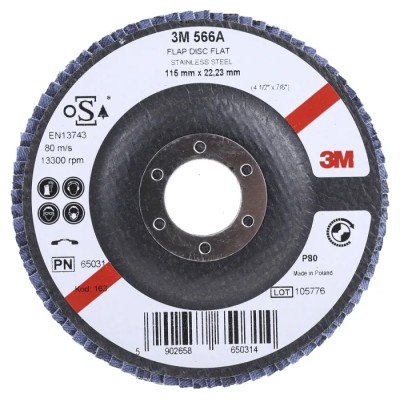 3M 566A Zirconia Aluminium Flap Disc, 115 mm Diameter, Medium Grade, P80 Grit, Maximum 13000 rpm 3M556D B61790